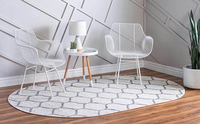 Rugs.com Lattice Frieze Collection Rug – 5' x 8' Oval Ivory Medium Rug Perfect for Living Rooms, Large Dining Rooms, Open Floorplans