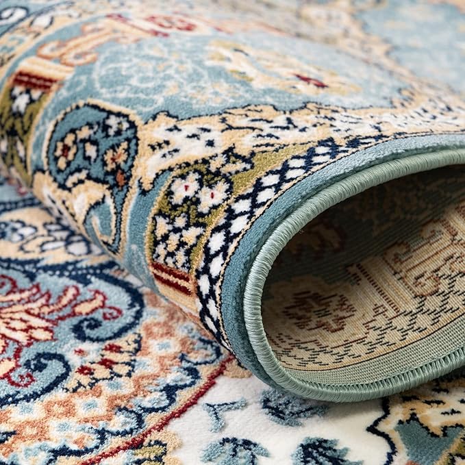 Unique Loom Narenj Collection Classic Traditional Medallion Textured Design Area Rug, 5' 0" x 5' 0", Blue/Tan
