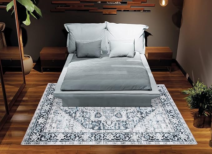 Bloom Rugs Caria Washable Non-Slip 6x9 Rug - Denim Blue Traditional Area Rug for Living Room, Bedroom, Dining Room, and Kitchen - Exact Size: 6' x 9'