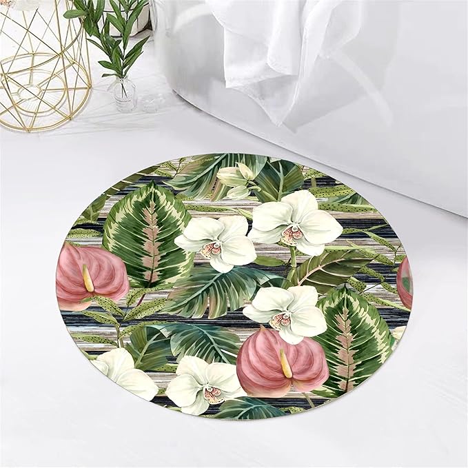 4ft Round Indoor Rug Non-Shedding Machine Washable，Low Pile Non-Slip Carpet with Tropical Floral Pattern，Soft Floor Mat for Living Room, Bedroom, Mudroom Easy Clean Home Decor