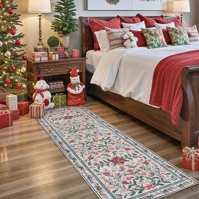 Wonnitar Christmas Runner Rug 2x6, Holiday Decor Christmas Kitchen Bathroom Rug, Washable Red and Green Botanical Xmas Decor Ultra-Thin Holiday Carpet Runner for Hallway Laundry Entryway