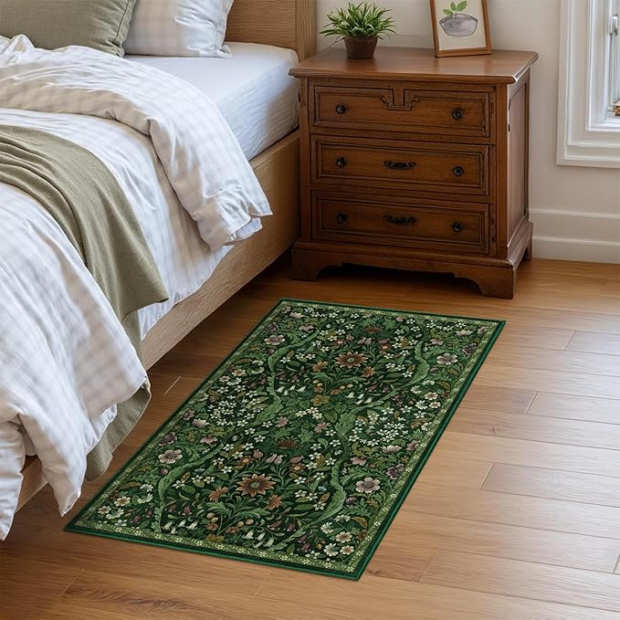 Floral 2x3 Entryway Rug,Washable Front Door Mat Indoor Non Slip Low Pile Small Carpet, Soft Green Boho Botanical Throw Rug for Bathroom Bedroom Kitchen Laundry Indoor Entrance