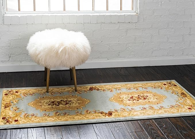 Rugs.com Chateau Collection Rug – 2' x 7' Runner Light Blue Medium Rug Perfect for Hallways, Entryways