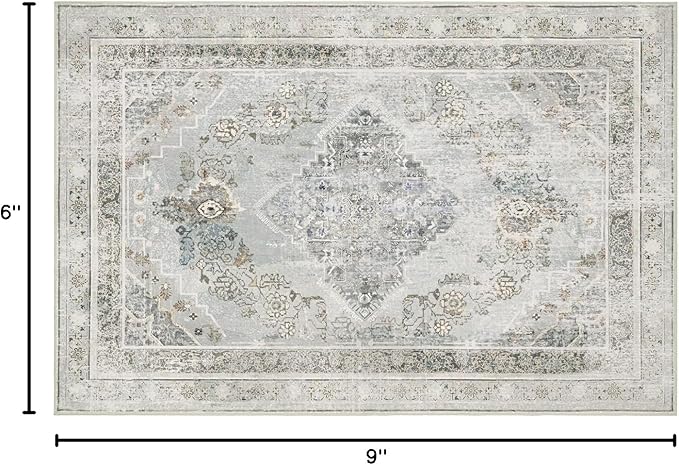 Phantoscope Washable Area Rug 6'x9' Non-Slip, Vintage Neutral Rugs for Living Room, Bedroom, Dining Room, Distressed Boho Medallion Pattern, Low-Pile Foldable Floor Carpet, Silver Grey/Taupe
