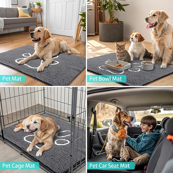 Smiry Dog Door Mat for Muddy Paws, Absorbent Dirt Trapper Non Slip Quick Dry Washable Chenille Mat for Mud Dogs, Entry Rug for Indoor and Outdoor (47x32 Inches, Dark Grey and White)