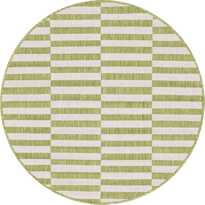 Unique Loom Outdoor Striped Collection Area Rug - Striped (4' 1" Round, Green/Ivory)