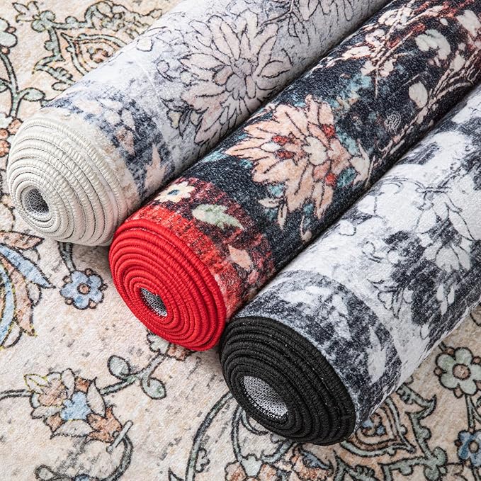 Area Rug for Living Room, 6x9 Machine Washable Non Slip Large Faux Wool Throw Rug, 0.3″ Low Pile & Non-Shedding Boho Large Carpet Rugs for for Dining Room, Bedroom, Office (Gray Purple)