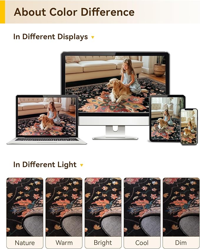 Area Rugs 6ft Washable Non-Slip, Floral Vintage Distress Print Pattern Medallion Carpet for Living Room Bedroom Dining Room, Black Colorful Floral Dark Tan