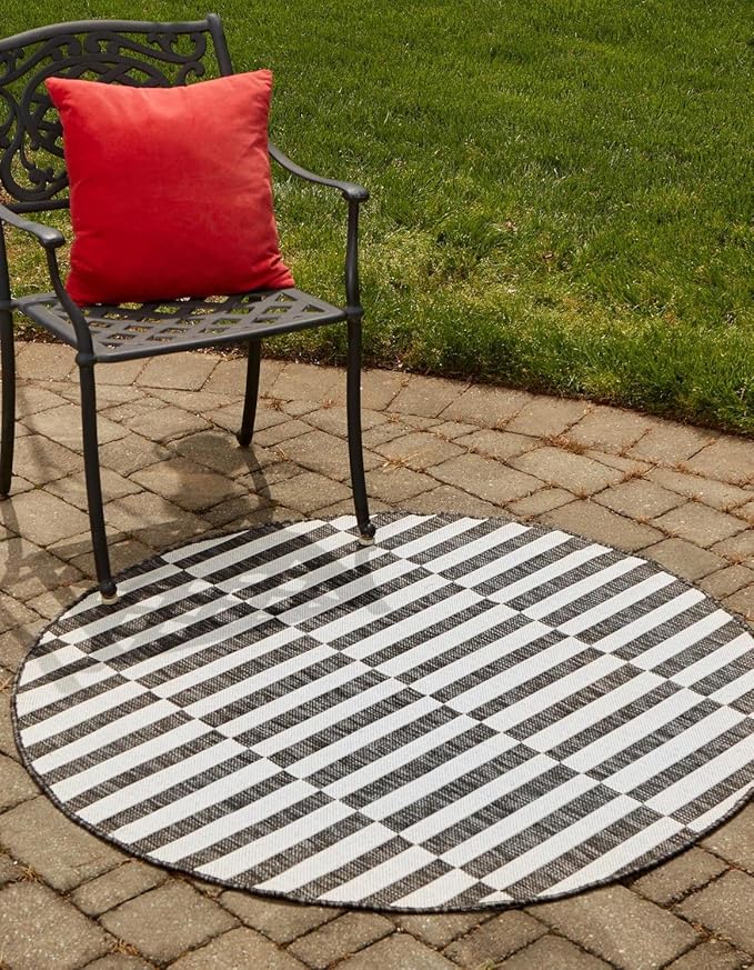 Unique Loom Outdoor Striped Collection Area Rug - Striped (10' 8" Round, Charcoal/Ivory)
