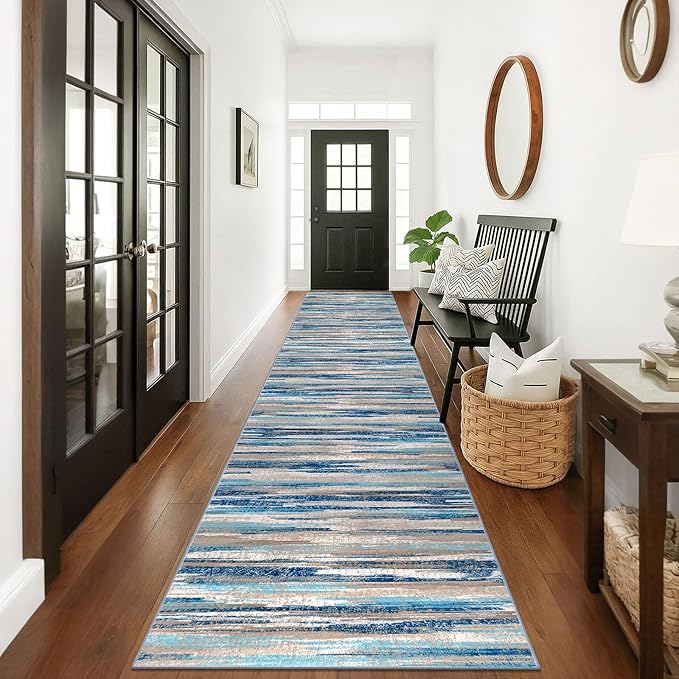 Modern Abstract Runner Rug 3x18, Blue Washable Long Kitchen Runner Non-Slip Soft Hallway Rug Runner Ultra Thin Print Faux Wool Carpet for Entryway Bedroom Laundry Room Indoor Home Decor