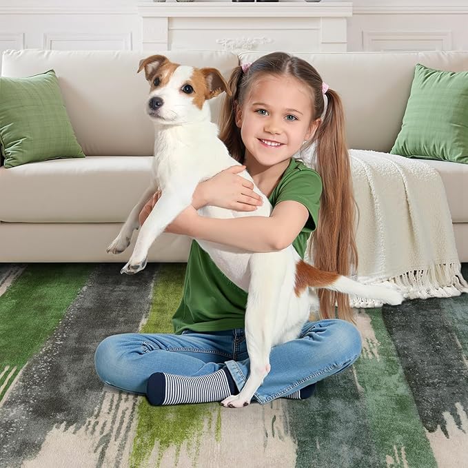 Ciicool Modern Abstract Green Rug for Living Room, 9'x12' Machine Washable Area Rug Non-Slip Rug, Low-Pile Contemporary Indoor Dining Floor Carpet for Bedroom Office Under Table Home Decor