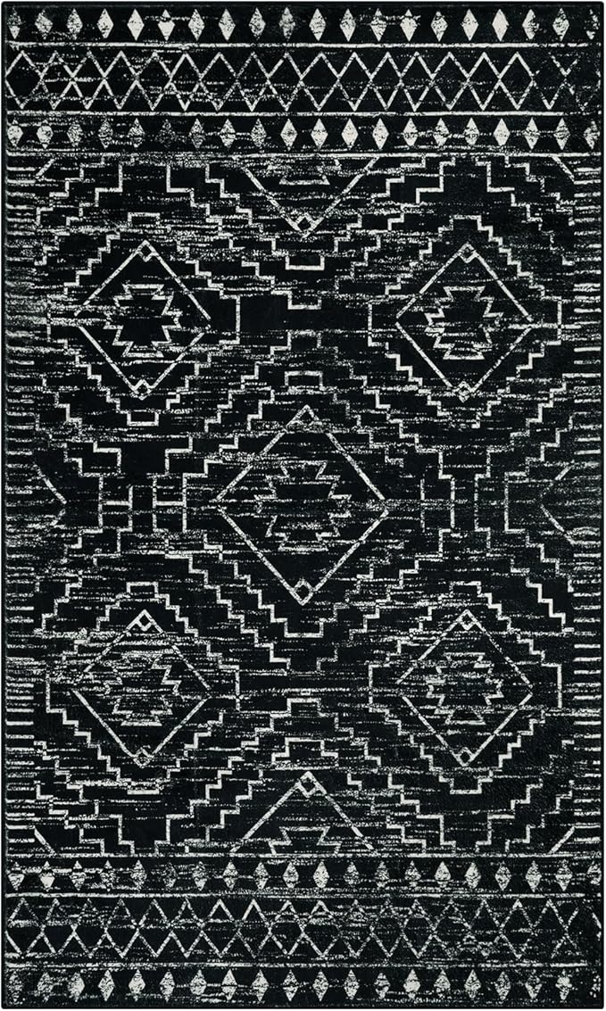Wonnitar Moroccan 3x5 Rug, Black Washable Small Rug for Bedroom, Non-Slip Geometric Tribal Entry Throw Mat, Boho Farmhouse Rustic Soft Low Pile Area Rug for Bathroom Dining Guest Room (Black,3'x5')