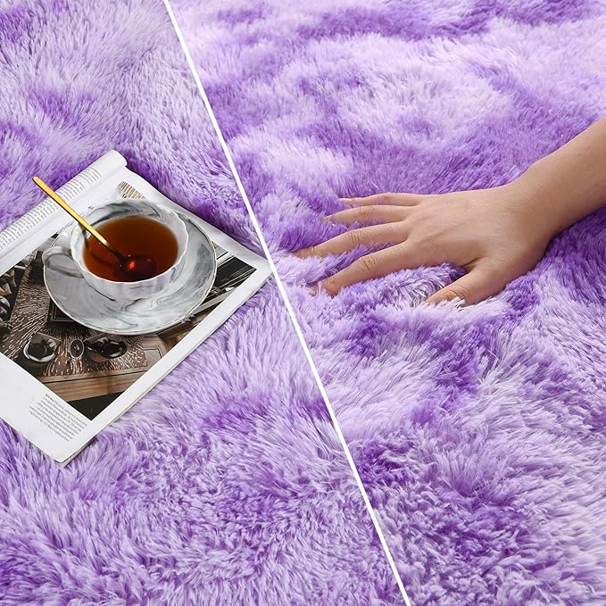 Large Shag Area Rugs 8 x 10, Tie-Dyed Plush Fuzzy Rugs for Living Room, Ultra Soft Fluffy Furry Rug for Bedroom, Indoor Carpet Nursery Rugs for Kids Room Home Decor, Purple