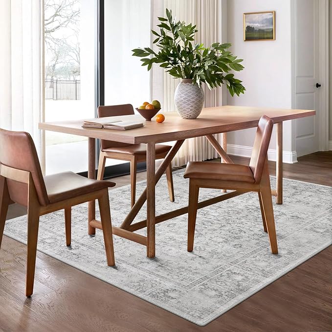 LIVEBOX Washable Gray Rug 6x9 - Vintage Soft Rug for Living Room, Large Neutral Rugs Anti-Skid Low-Pile Flower Carpet for Bedroom Office, Silverygray