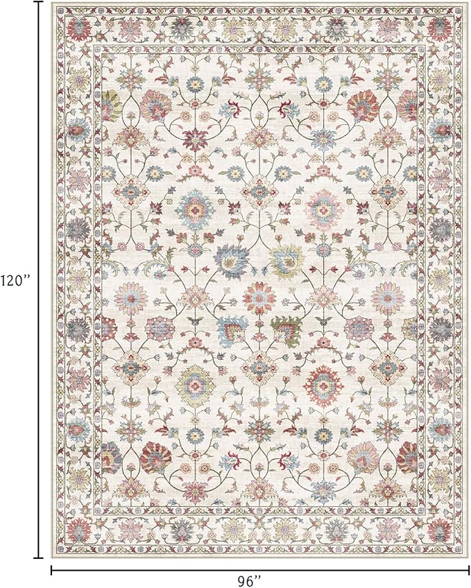 Washable Area Rug 8x10 - Large Cream Colorful Boho Rugs for Living Room Soft Vintage Bedroom Rug Ultra-Thin Traditional Floral Carpet Farmhouse Rug for Dining Room Guest Room Home Decor