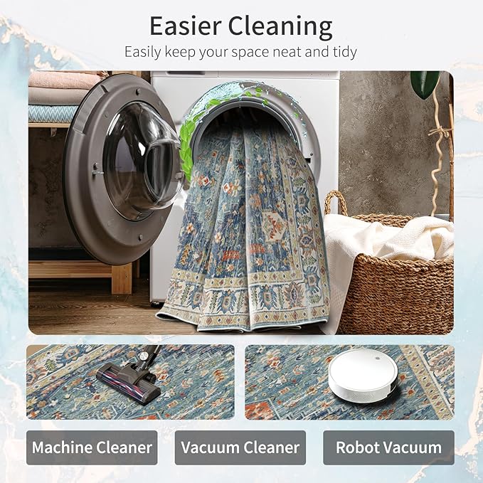 Enkor Area Soft Rugs 8x10 Washable Non Slip Boho Floor Rugs for Living Room Bedroom, Vintage Style Farmhouse Mat for Kitchen Entryway Green & Blue