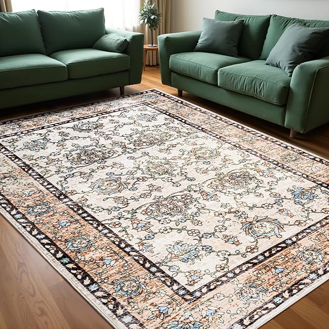 Area Rug 5x7, Washable Faux Wool Throw Rugs for Living Room, 0.3″ Non Slip Low Pile Vintage Boho Carpet for Ding Room, Home Office, Bedroom, Kids Room, Bedside (Khaki)