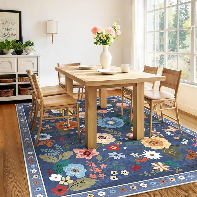 Floral 8x10 Area Rug Machine Washable Soft Print Boho Carpet Non Slip Doormat Low Pile Flower Area Rugs for Living Room Bedroom Nursery Kitchen Dining Room Indoor-Blue/Grey
