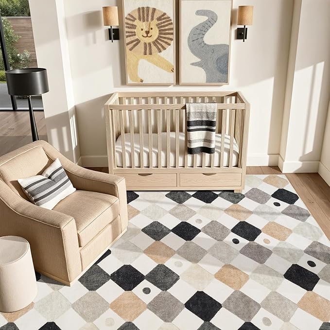 jinchan Macy Area Rug 6x9 Kids Washable Indoor Non-Slip Black and White Modern Soft Rug Elementary School Classroom Diamond Carpet for Nursery Playroom Daycare Bedroom Living Room Dorm Marble on Cream