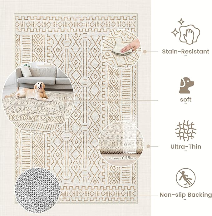 5x7 Area Rug Living Room: Washable Boho Geometric Moroccan Rug Neutral Modern Farmhouse Indoor Soft Non Slip Ultra Thin Printed Pattern Carpet for Dining Room Bedroom Nursery Home (BeigeBrown, 5'x7')