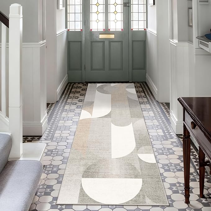 Grey Runner Rug 2x6 Washable Rug Runners for Hallway Kitchen,Long Modern Geometric Rugs for Bedroom Entryway Bathroom,Non Slip Floor Beige Carpet