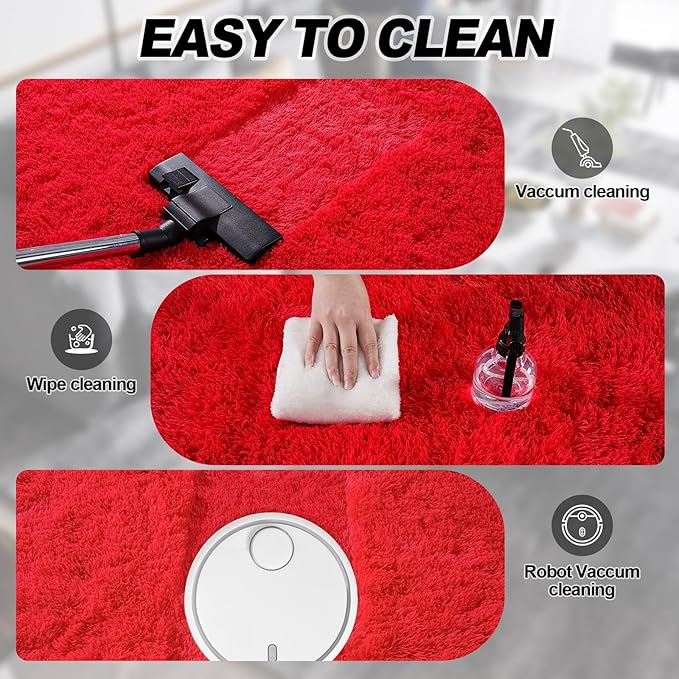 Red Fluffy Rug Plush Carpet for Bedroom Dorm, Non-Slip High Pile Rug, Shag Rug for Playroom Nursery Home Office Decor 5X7Ft