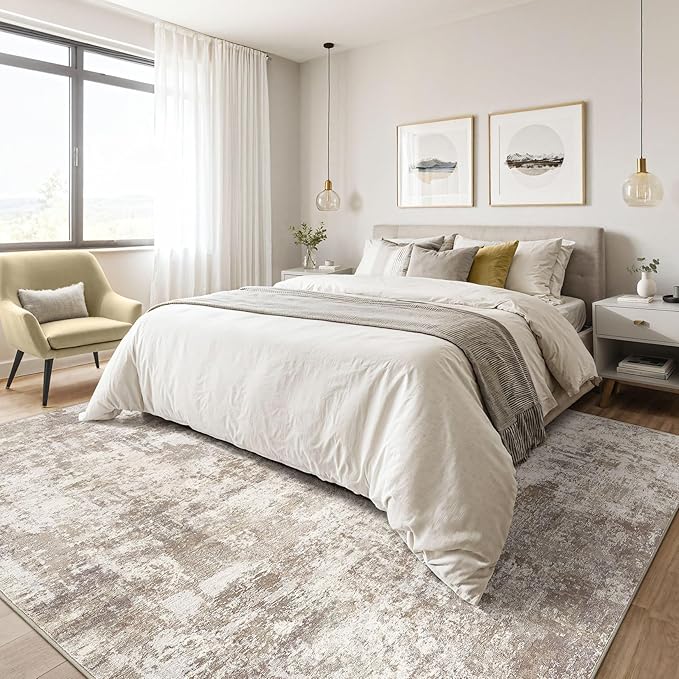 5x8 Area Rugs Living Room: Washable Large Abstract Soft Rug Stain Resistant Indoor Floor Non-Slip Accent Carpet for Women Modern Home Enthusiasts Aged 25-45 - Bedroom Nursery Playroom- Beige Brown