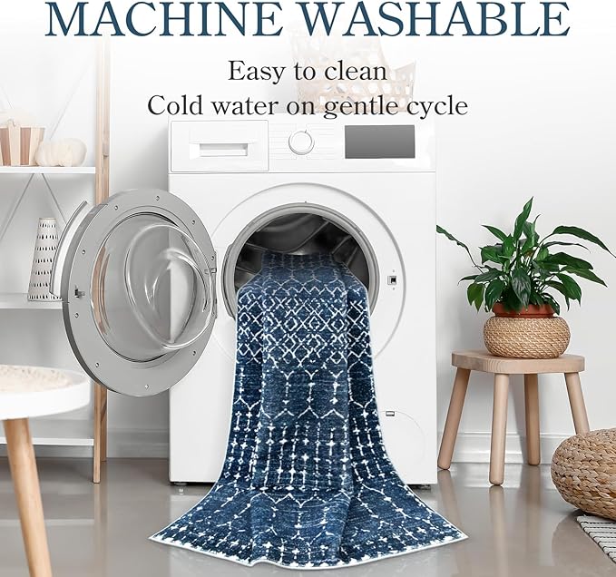 Lahome Moroccan Blue Area Rug 5x7 Machine Washable Non-Slip Throw Living Room Rugs Ultra-Thin Stain Resistant Soft Rug for Bedroom, Geometric Print Modren Carpet Rug for Dining Room Office Entryway