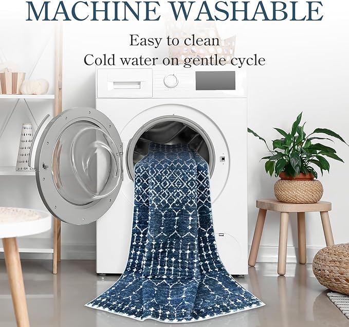 Lahome Moroccan Washable Runner Rug 2x10, Non Slip Hallway Runner Rug 10 Ft Ultra-Thin Kitchen Runners Non Skid, Soft Modern Geometric Print Carpet Runners for Entryway Stair (Blue, 2'x10')
