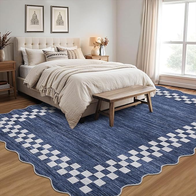 GarveeHome Washable Rug 5x7 for Living Room Large Bedroom Scalloped Rug Non Slip Stain Resistant Modern Border Throw Carpet Soft Boho Rug for Dining Room Nursery Home Office, Blue