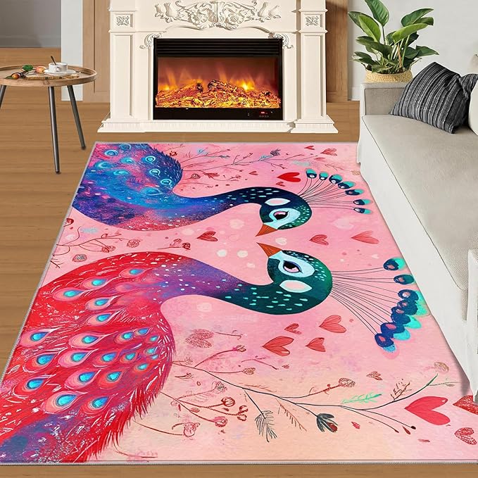 Cartoon Peacock Rug Small - 4x5 Rug, Colorful Peacock Washable Rugs for Living Room, Floral Botanical Carpet, Boho Non-Slip Area Rugs for Bedroom, Peafowl Carpet - Peafowl Home Decor & Gifts