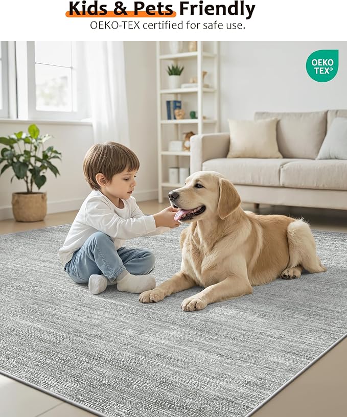 Art&Tuft Washable Rugs 9x12, Low Pile Area Rugs 9x12 Living Room - Non Slip and Stain Resistant Soft Thin Rug for Bedroom, Dining Room, Kitchen, Office, Grey