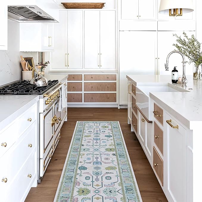 Fame Living Cream Green Oushak Runner Rug, Modern Runners, Vintage, Turkish, Eclectic, Floral, Pastel, Washable, Runner for Hallway, Kitchen, Bedroom, Bathroom, 2'5"x9'8"