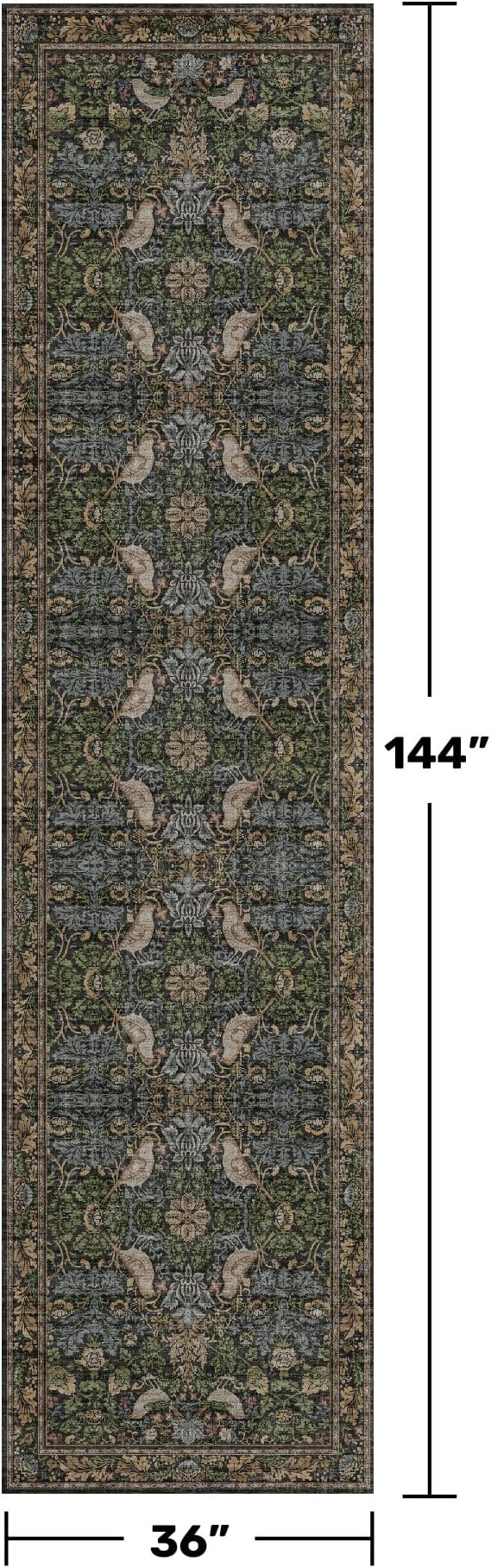 12ft Extra Long Vintage Runner Rugs for Hallways - 3x12 Wide Kitchen Runners, Entryway Rug, with Flowers and Leaves, Washable Non Slip Low Pile