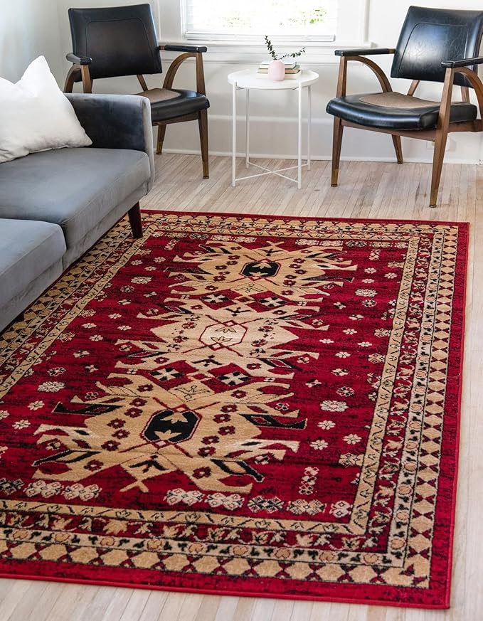 Unique Loom Taftan Collection Border Geometric Tribal Inspired Design Area Rug (8' 0 x 10' 0 Rectangular, Red/ Gold)