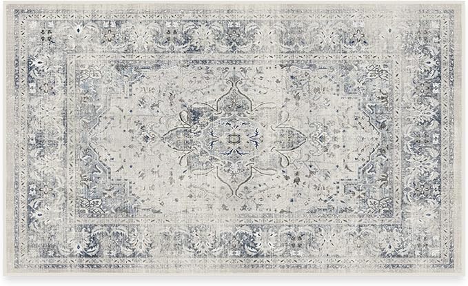 RUGGABLE Washable Vintage Area Rug – Sarrah Blue Quartz 3x5, Stain-Resistant, Non-Slip – Small Machine Washable Rugs for Living Room, Bedroom, Hallway, Entryway & Office–with Standard Pad