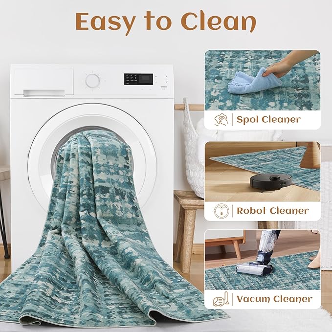 8x10 Abstract Area Rugs for Living Room, Modern Teal Blue Washable Indoor Rug for Bedroom, Thin Soft Large Non-Slip Carpet for Dining Room Home Office Farmhouse Decor