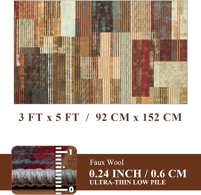 YIHOUSE Brown Area Rug 3x5, Farmhouse Rugs Washable,Vintage Burgundy Carpets for Bedroom,Burnt Orange Area Rug Non Slip,Geometric Boho Rug for Kitchen,Dining Room