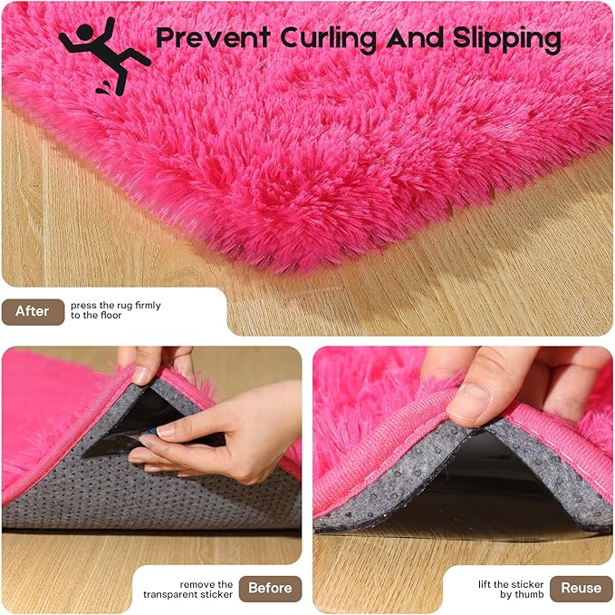 4x6 Rugs for Bedroom, Fluffy Small Area Rugs for Living Room, Soft Shag Fuzzy Carpet with 4 Non-Slip Stickers for Kids Boys and Girls Nursery Dorm Room Home Decor (Hot Pink, 4ft x 6ft)