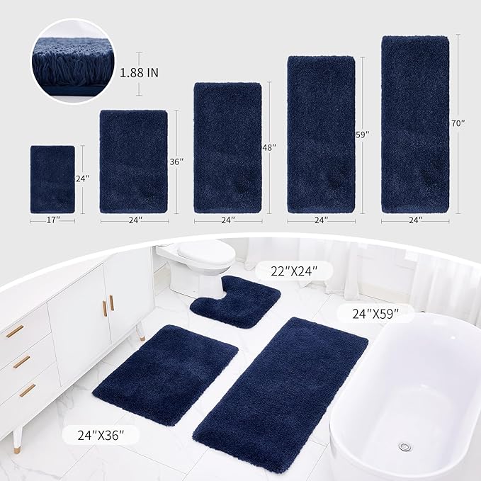 Bathroom Rugs 24x48 Non Slip Navy Fluffy Bath Mat for Bathroom Floor Washable Plush Luxury Bath Rug for Tub Soft Shaggy Absorbent Shower Sink Mat