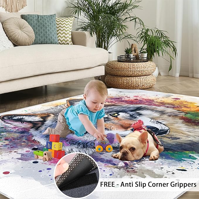 Wolf Rugs for Bedroom - 4x5 Area Rug - Graffiti Wolf Rugs for Living Room, Abstract 3D Animal Graffiti Rug, Washable Home Decor Carpet