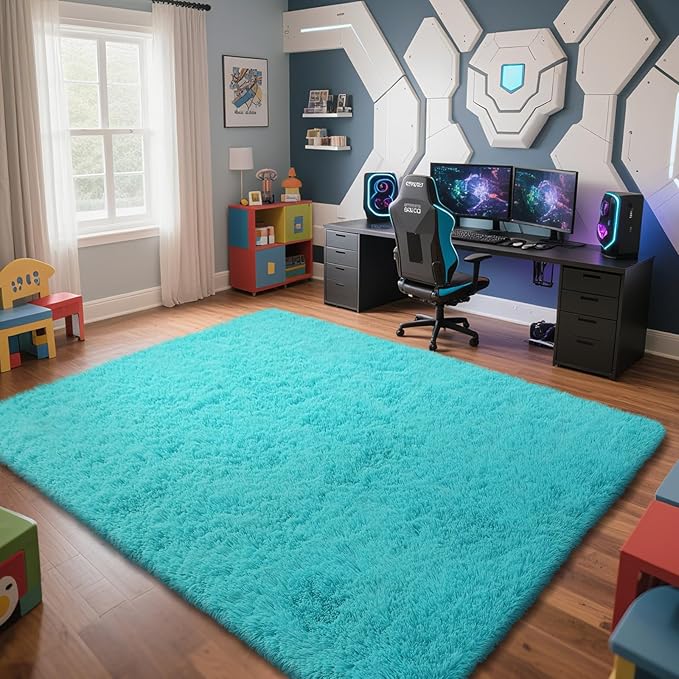 Teal Blue Rug Fluffy Rugs, 5x8 Teal Area Rugs for Bedroom, Soft Cute Baby Play Mat, Indoor Floor Carpet for Teen, Nursery, Preppy Dorm, Plush Aesthetic Bedside Rug