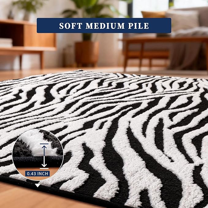 YIHOUSE 5×7 Ft Area Rugs, Black and White Modern Abstract Rug, Washable Plush Soft Zebra Print Carpet, Non-Slip Non-Shedding Rug for Living Room, Bedroom, Playroom, Home Office Decor