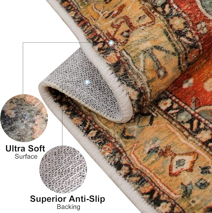 COMSLE Boho Area Rug, 2 x 3 Ft Washable Rugs for Entryway Faux Wool Small Rugs Distressed Throw Rug Non-Slip Floor Carpet for Indoor Bedroom Kitchen Living Room