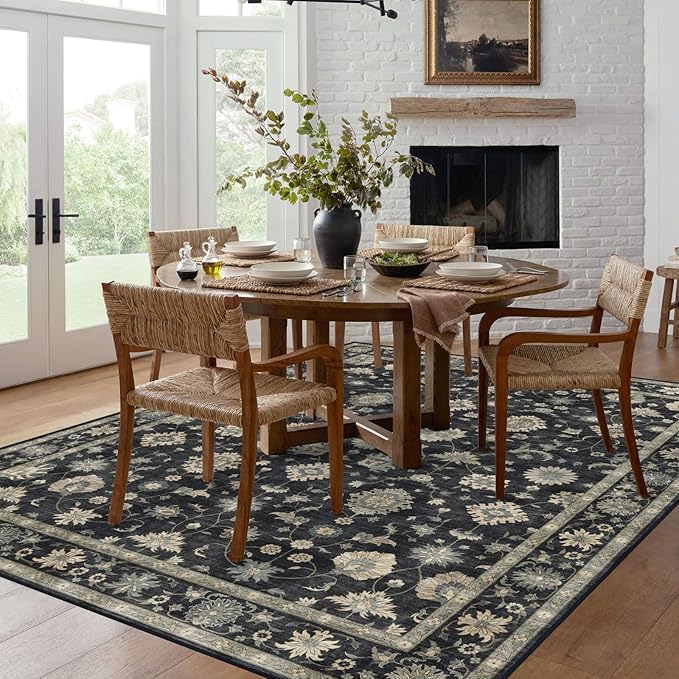 Washable Area Rug 5x7 - Traditional Floral Living Room Rug Soft Boho Farmhouse Bedroom Rug Ultra-Thin Charcoal Black Vintage Dining Room Rugs for Under Table Indoor Carpet for Living Room