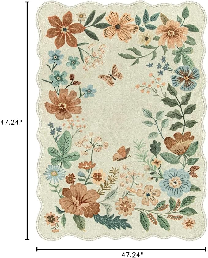 Lahome Floral Living Room Rug, 5x7 Rugs for Bedroom Ultra-Thin Soft Washable Dining Room Rug, Non Slip Stain Resistant Boho Low-Pile Throw Carpet for ‎Office (5x7ft,Beige)