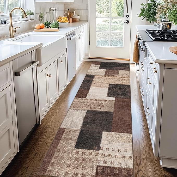 Modern Geometric Patchwork Indoor Runner Rug for Living Room, Chocolate 2.7'x 8' Rug Rockwood Collection Hardwood Floors Decor for Bedroom, Brown Throw Carpet for Office Entryway Dining Room