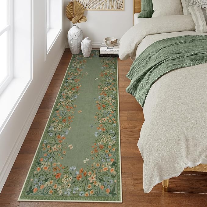 Lahome Boho Floral 2'6"x8 Green Washable Hallway Kitchen Runner Rug, Non Skid Bathroom Carpet Runners, Soft Non-Slip Indoor Rug Runners for Entryway Laundry Bedroom(Green,2'6"x8)