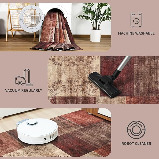 DweIke Washable Area Rugs for Living Room, 6x9 Large Bedroom Rugs, Geometric Print Non Slip Low Pile Indoor Throw Carpets for Bedroom Apartment Dining Room Home Office Hardwood Floor, Red