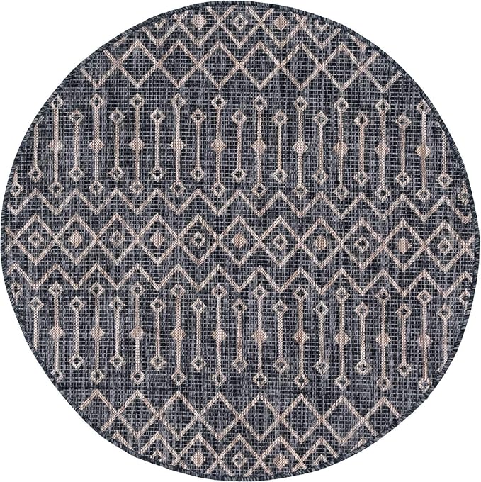 Unique Loom Outdoor Trellis Collection Area Rug - Tribal Trellis (4' 1" Round, Charcoal Gray/ Natural)
